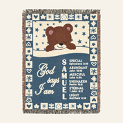 God Says I Am: Sleeping Teddy Bear & Scripture Affirmations For Babies & Kids - Personalized Woven Blanket