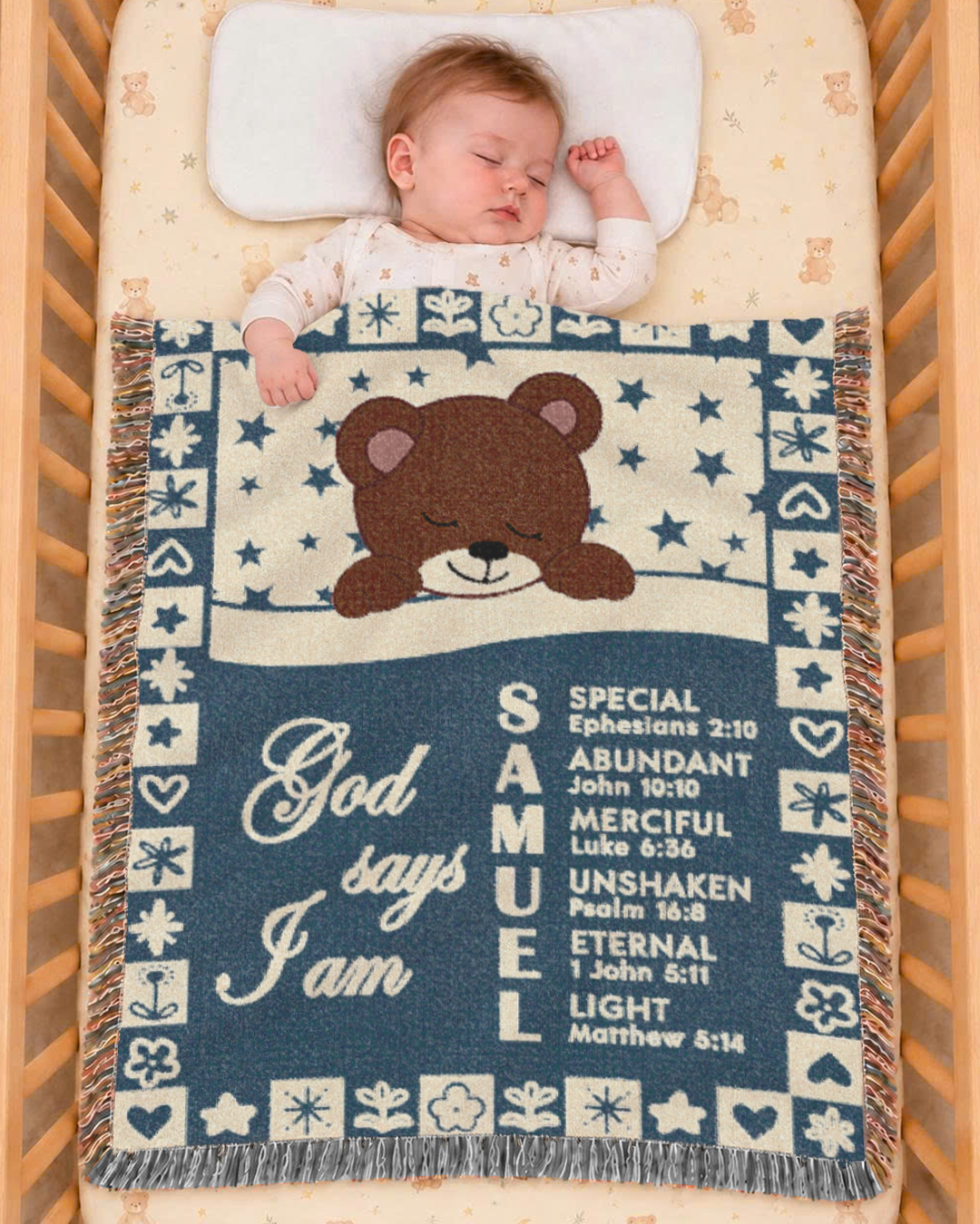 God Says I Am: Sleeping Teddy Bear & Scripture Affirmations For Babies & Kids - Personalized Woven Blanket