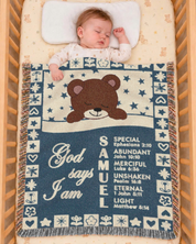 God Says I Am: Sleeping Teddy Bear & Scripture Affirmations For Babies & Kids - Personalized Woven Blanket