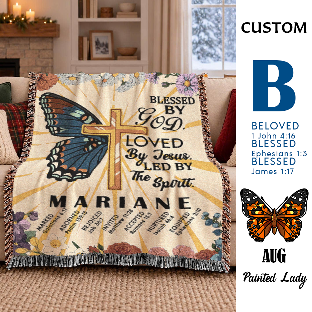 Blessed by God Baby Keepsake With Birth Month Butterfly - Personalized Woven Blanket