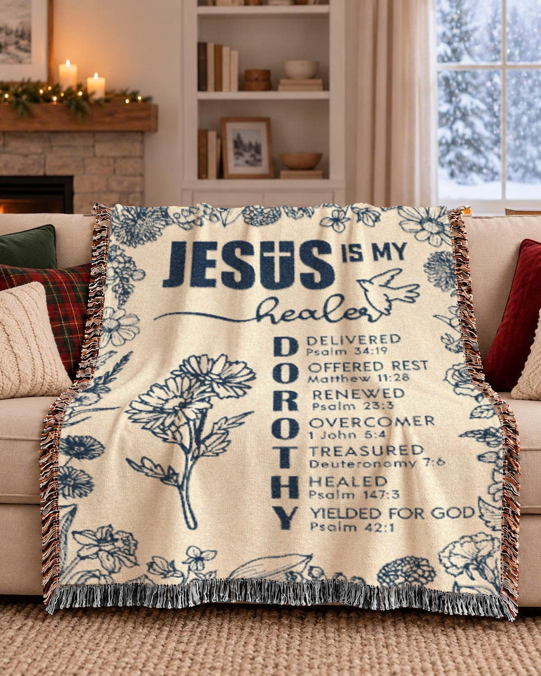Jesus Is My Healer, Custom Name, Healing Scripture & Birth Flower - Personalized Woven Blanket