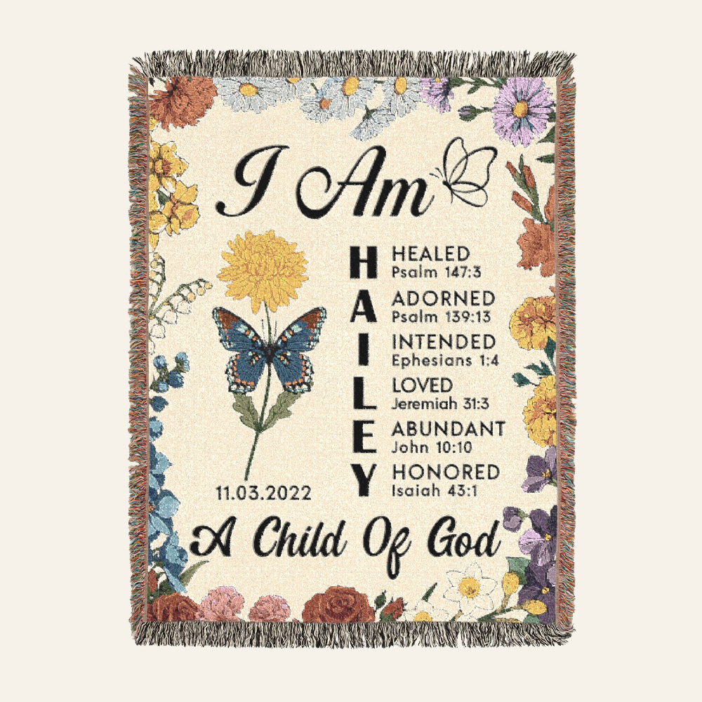 Babies & Kid I Am Affirmation Scripture, Custom Name, Birth Flower & Butterfly - Personalized Woven Blanket