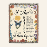 Babies & Kid I Am Affirmation Scripture, Custom Name, Birth Flower & Butterfly - Personalized Woven Blanket