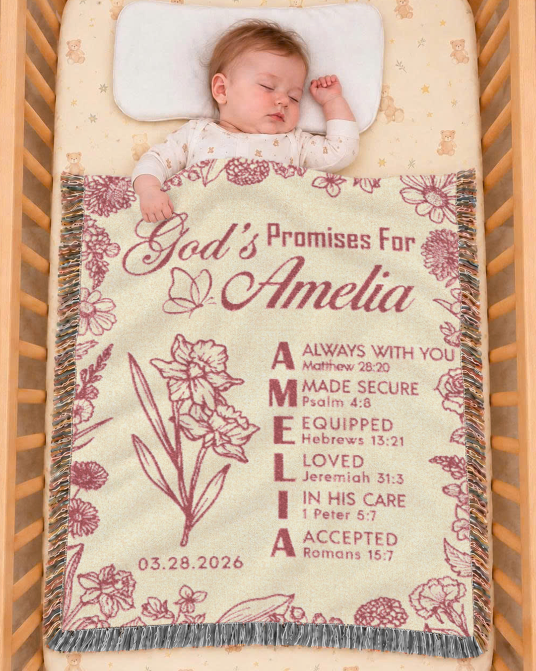God’s Promises - Custom Name, Scripture & Birth Flower - Personalized Kids Woven Blanket