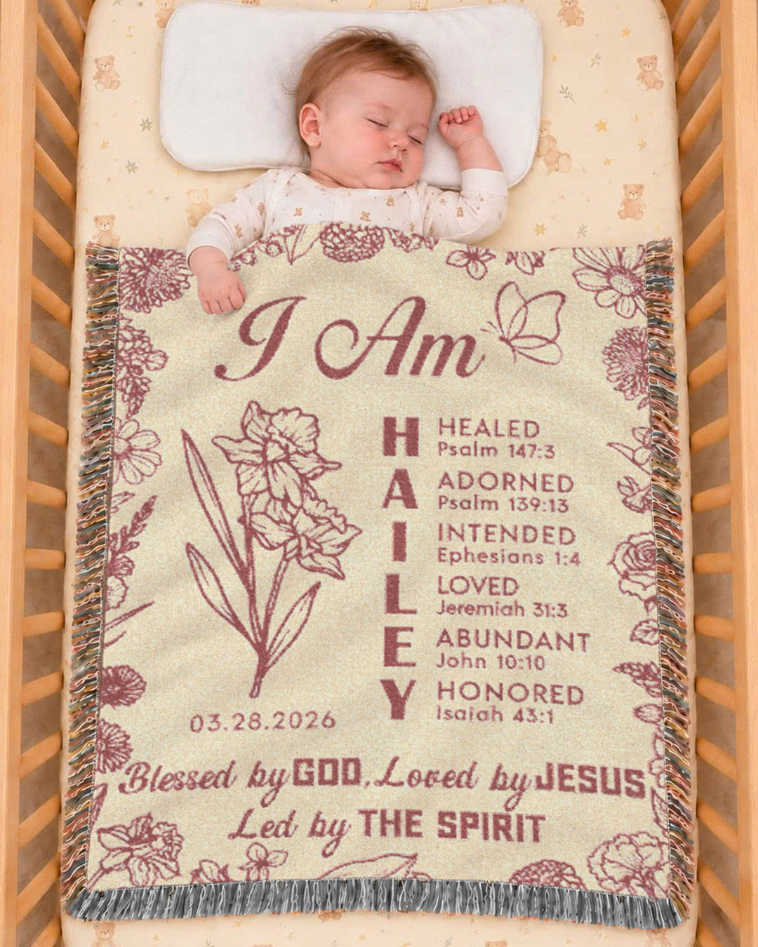 Blessed By God: Custom Name & Bible Verse Blessings For Babies & Kids - Personalized Woven Blanket