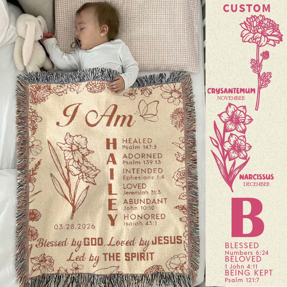 Blessed By God: Custom Name & Bible Verse Blessings For Babies & Kids - Personalized Woven Blanket