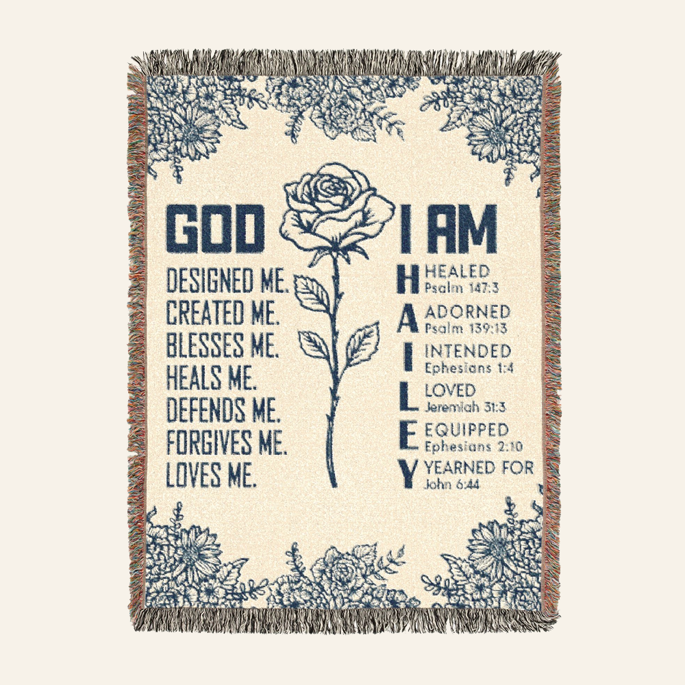 God Designed Me, Custom Name, Birth Flower & Scripture - Personalized Christian Woven Blanket