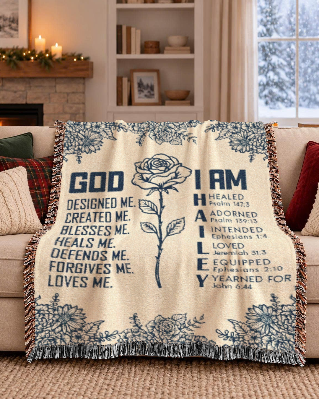 God Designed Me, Custom Name, Birth Flower & Scripture - Personalized Christian Woven Blanket