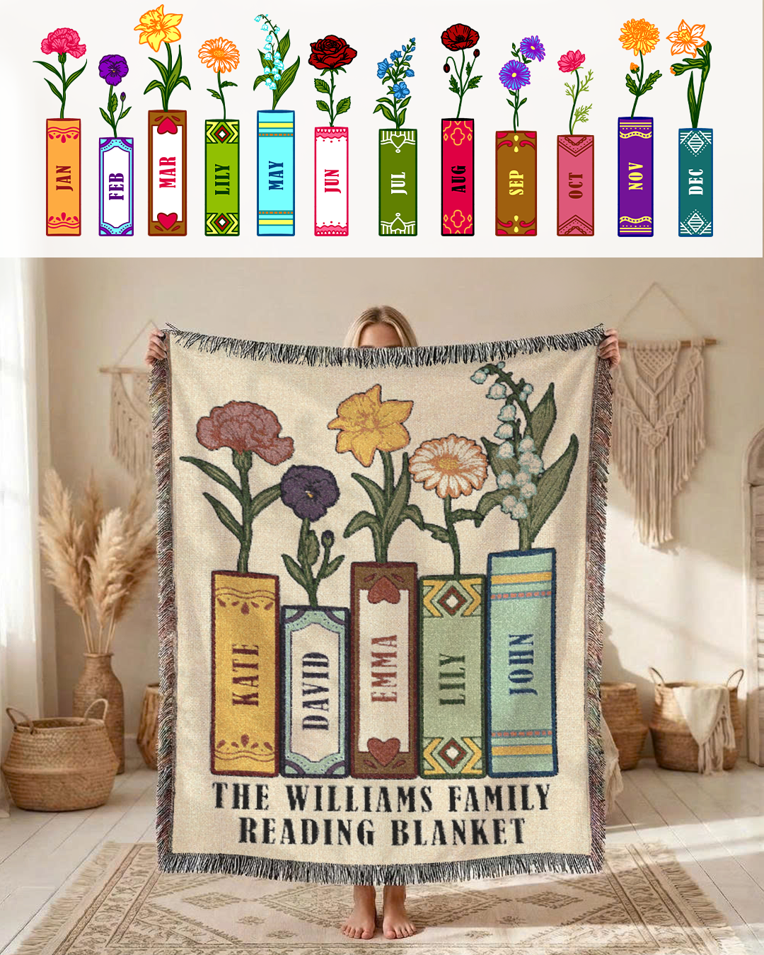 Personalized Family Birth Flower Reading Woven Blanket