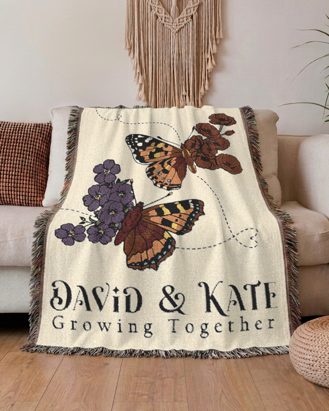 Personalized Growing Together Birth Flower & Butterfly Woven Blanket