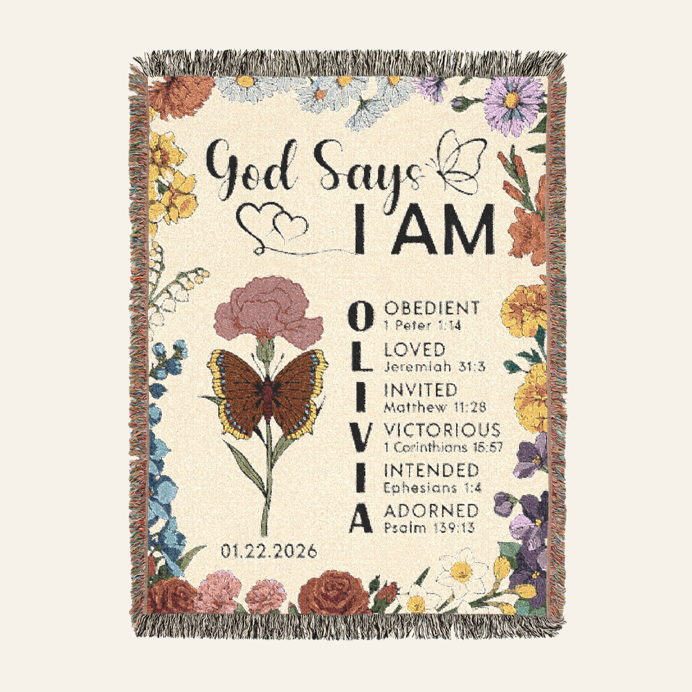 Personalized God Says I Am Birth Flower & Butterfly Baby Girl Woven Blanket