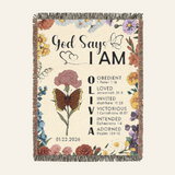 Personalized God Says I Am Birth Flower & Butterfly Baby Girl Woven Blanket