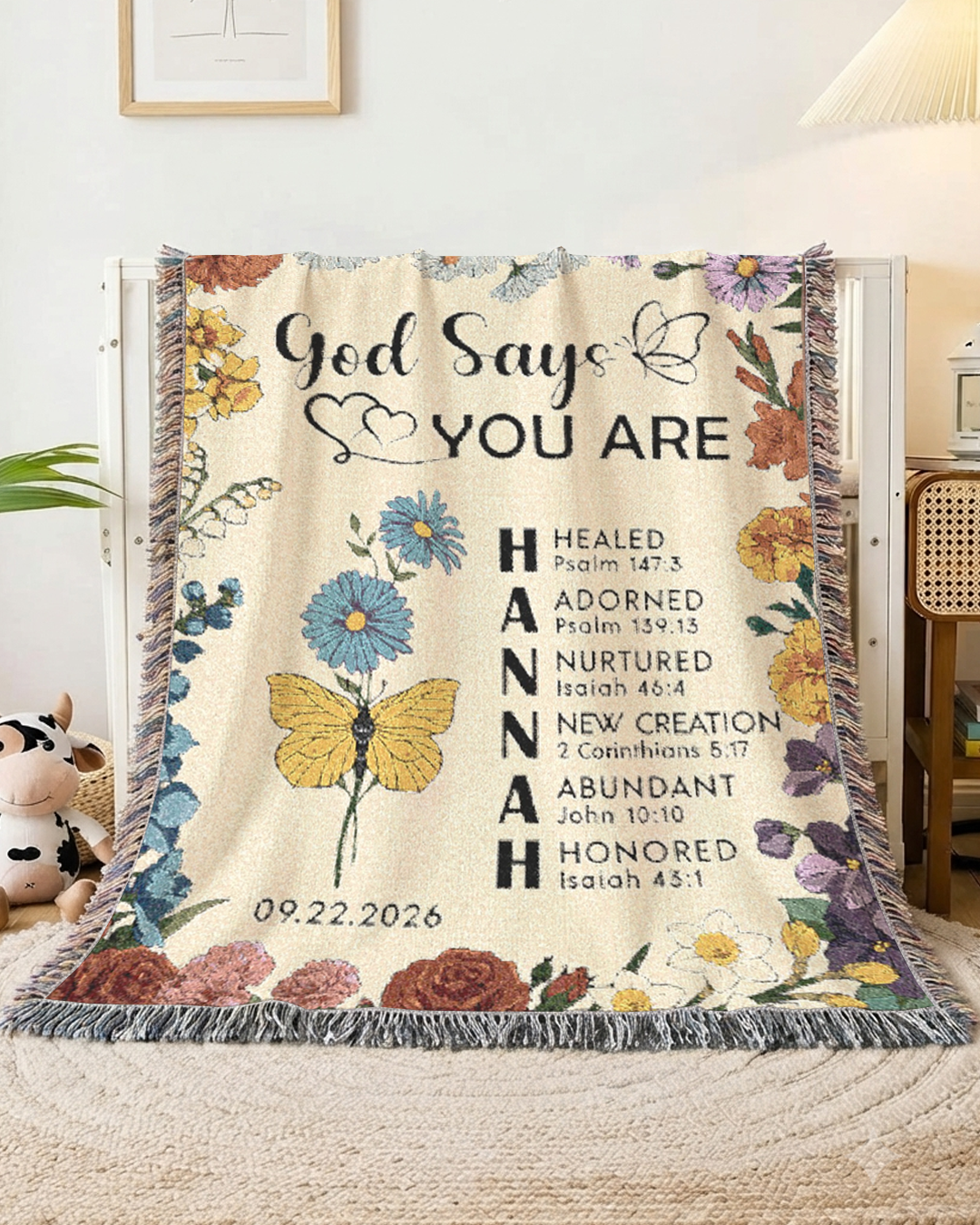 Personalized God Says I Am Birth Flower & Butterfly Baby Girl Woven Blanket