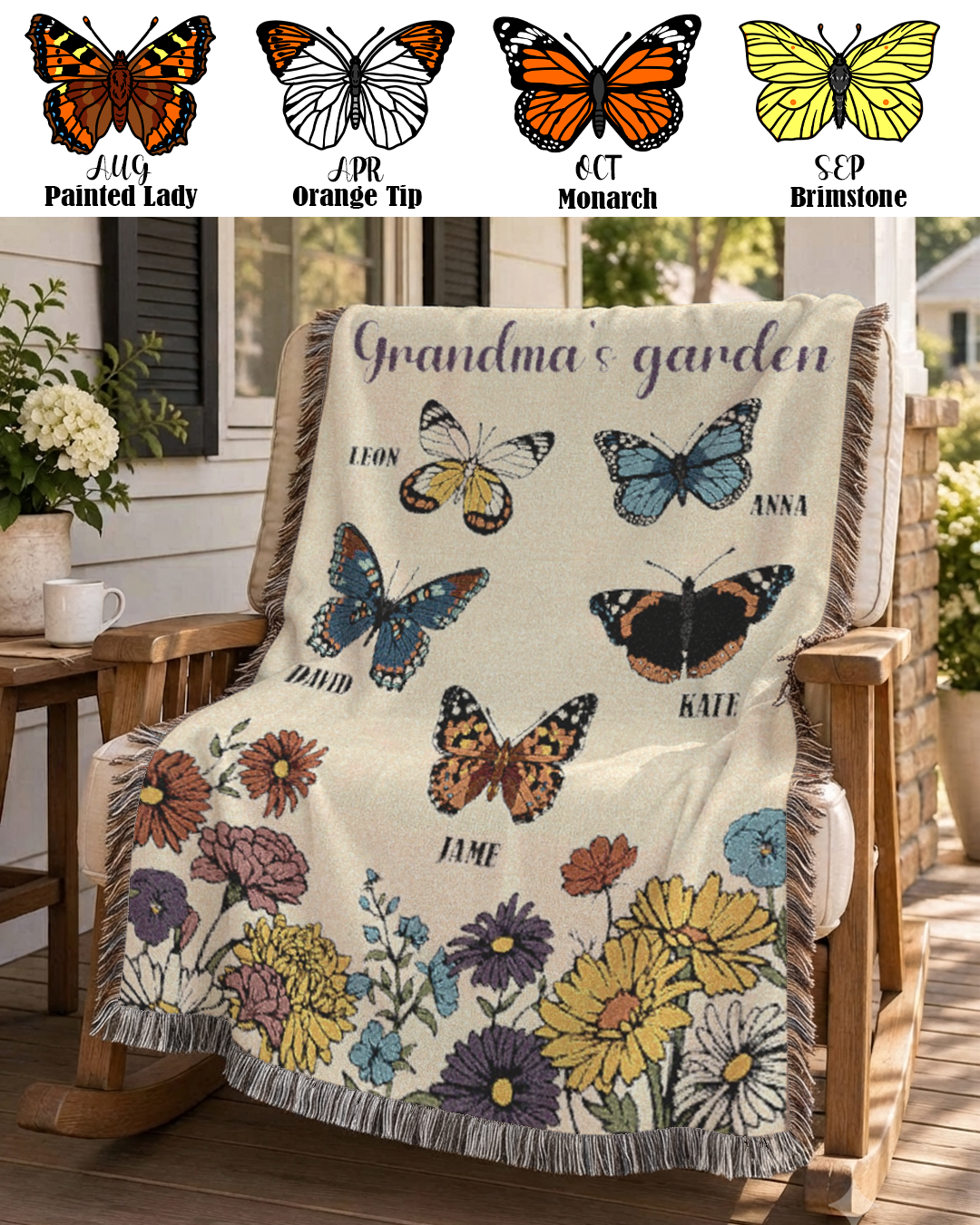 Personalized Family Garden Birth Month Butterfly Woven Blanket
