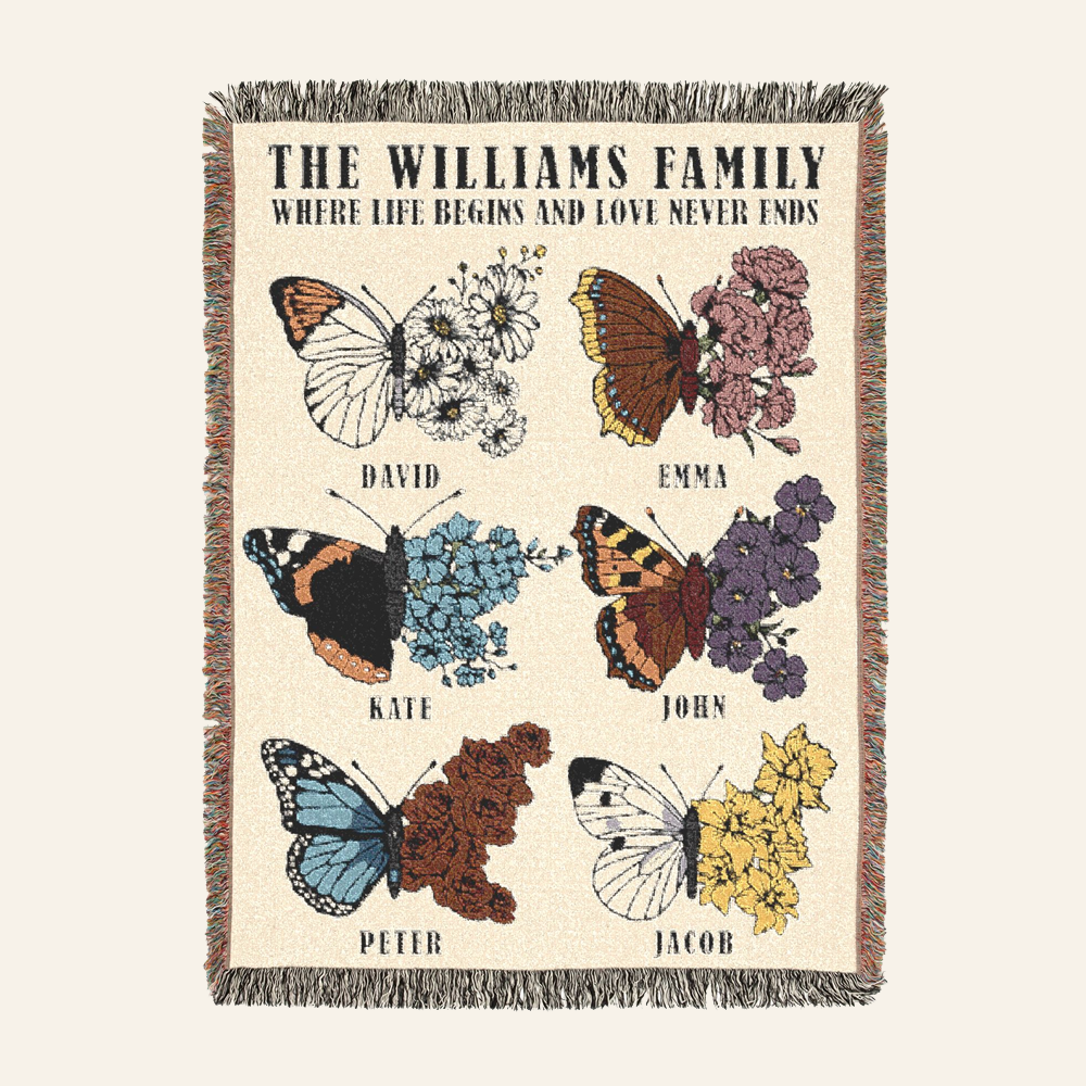 Personalized Family Birth Month Flower & Butterfly Woven Blanket