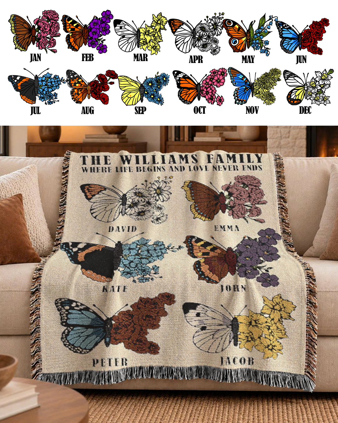 Personalized Family Birth Month Flower & Butterfly Woven Blanket