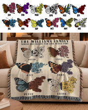 Personalized Family Birth Month Flower & Butterfly Woven Blanket