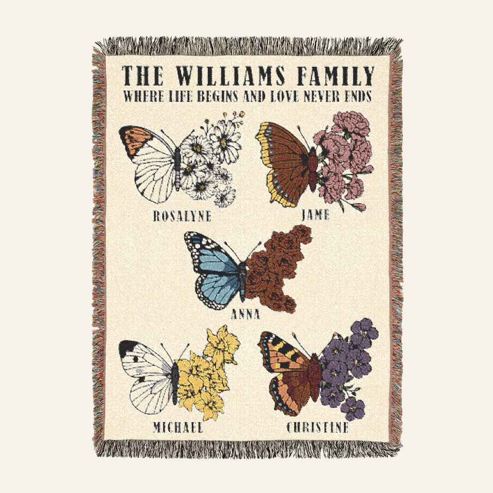 Personalized Family Birth Month Flower & Butterfly Woven Blanket