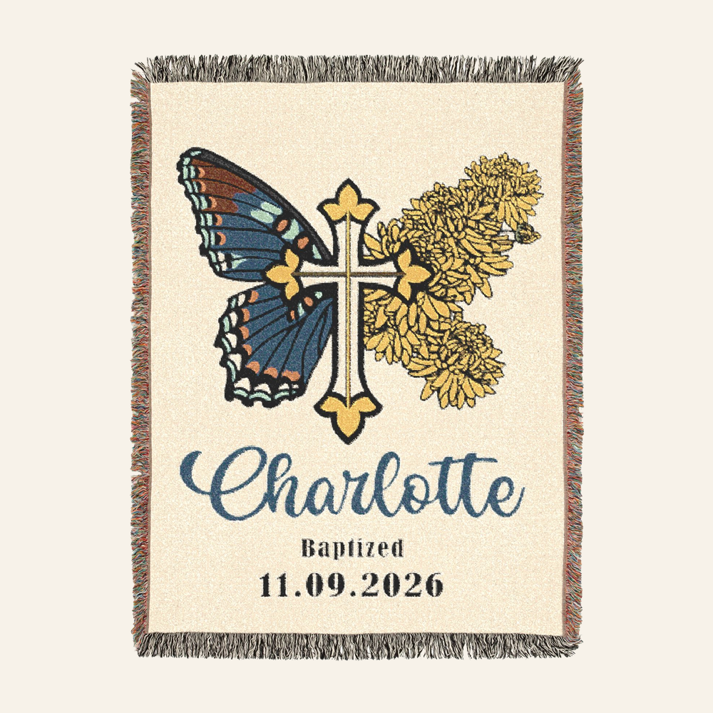 Personalized Baptism Birth Month Flower & Butterfly Woven Blanket