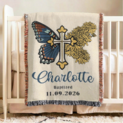 Personalized Baptism Birth Month Flower & Butterfly Woven Blanket
