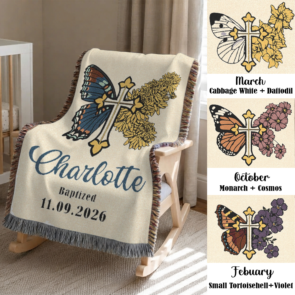 Personalized Baptism Birth Month Flower & Butterfly Woven Blanket