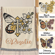 Birth Flower & Butterfly Faith Cross Keepsake Woven Blanket