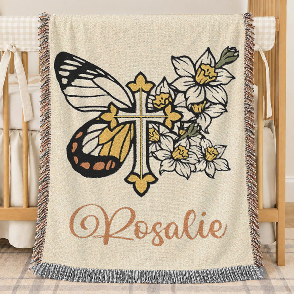 Birth Flower & Butterfly Faith Cross Keepsake Woven Blanket
