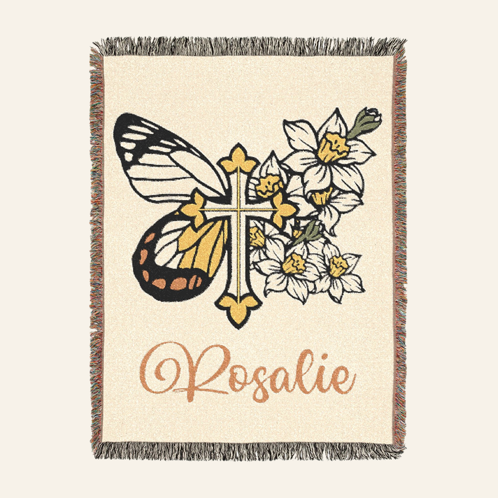 Birth Flower & Butterfly Faith Cross Keepsake Woven Blanket