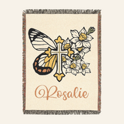 Birth Flower & Butterfly Faith Cross Keepsake Woven Blanket