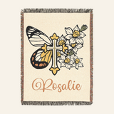Birth Flower & Butterfly Faith Cross Keepsake Woven Blanket