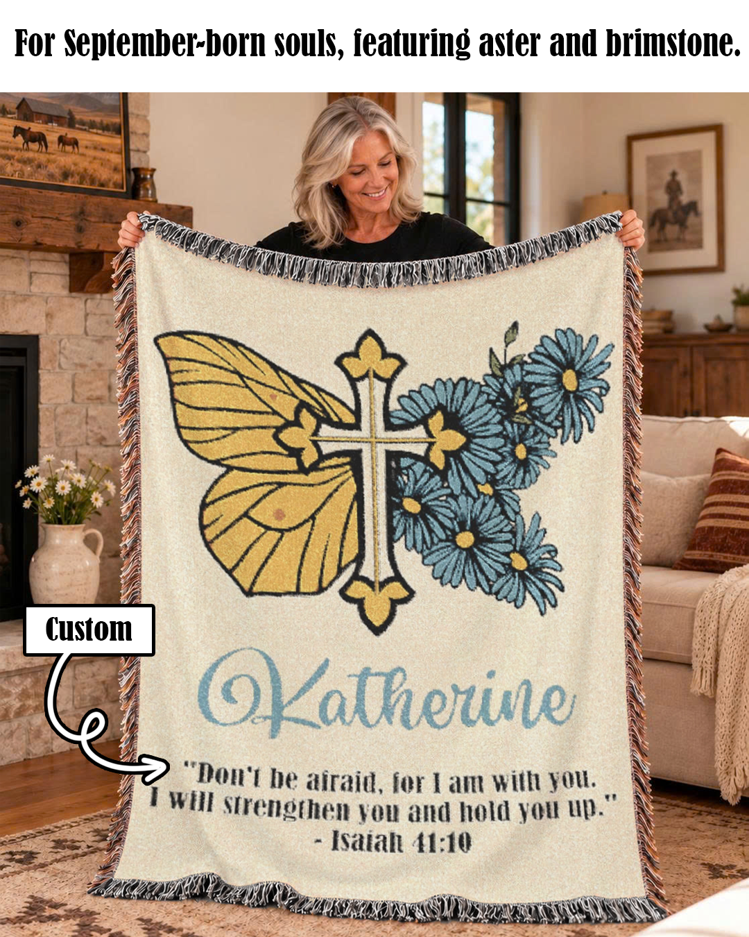Personalized September Born Faith Aster & Brimstone Woven Blanket