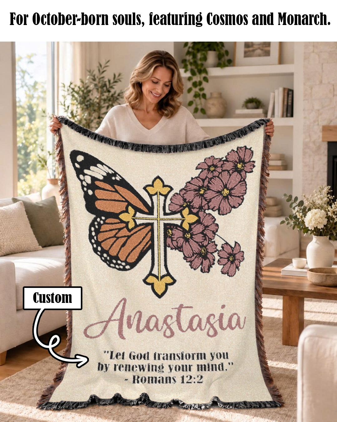 Personalized October Born Faith Cosmos & Monarch Woven Blanket