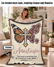 Personalized October Born Faith Cosmos & Monarch Woven Blanket