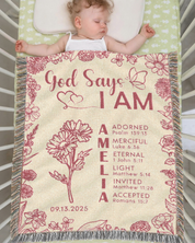 God Says I Am Birth Flower & Scripture Affirmations for Baby Girls & Kids - Personalized Woven Blanket