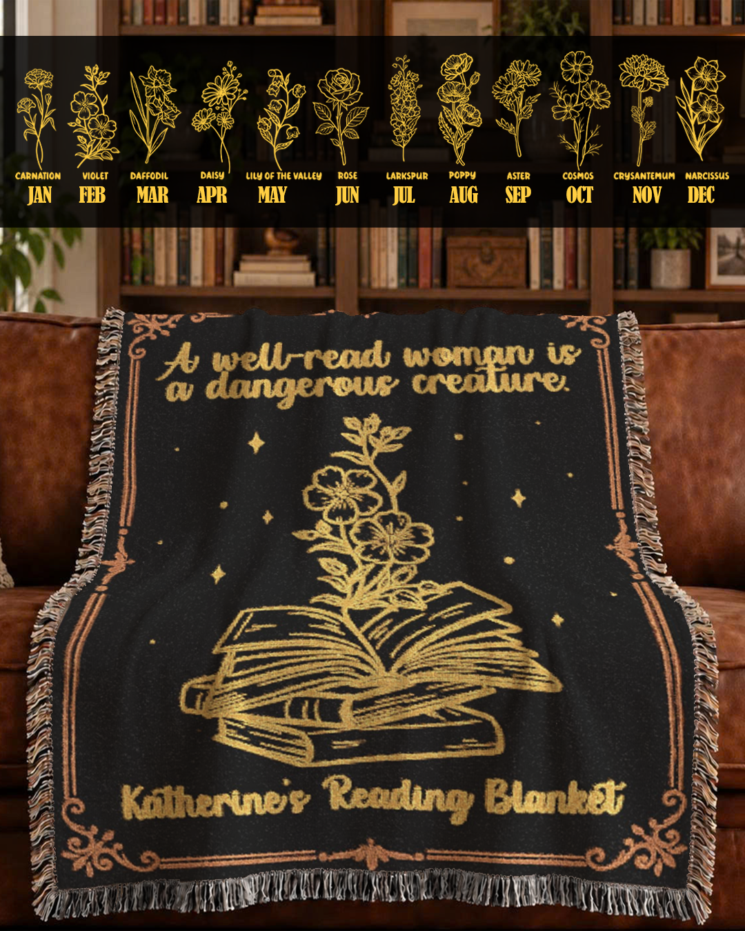 Personalized Birth Flower Well Read Woman Reading Woven Blanket
