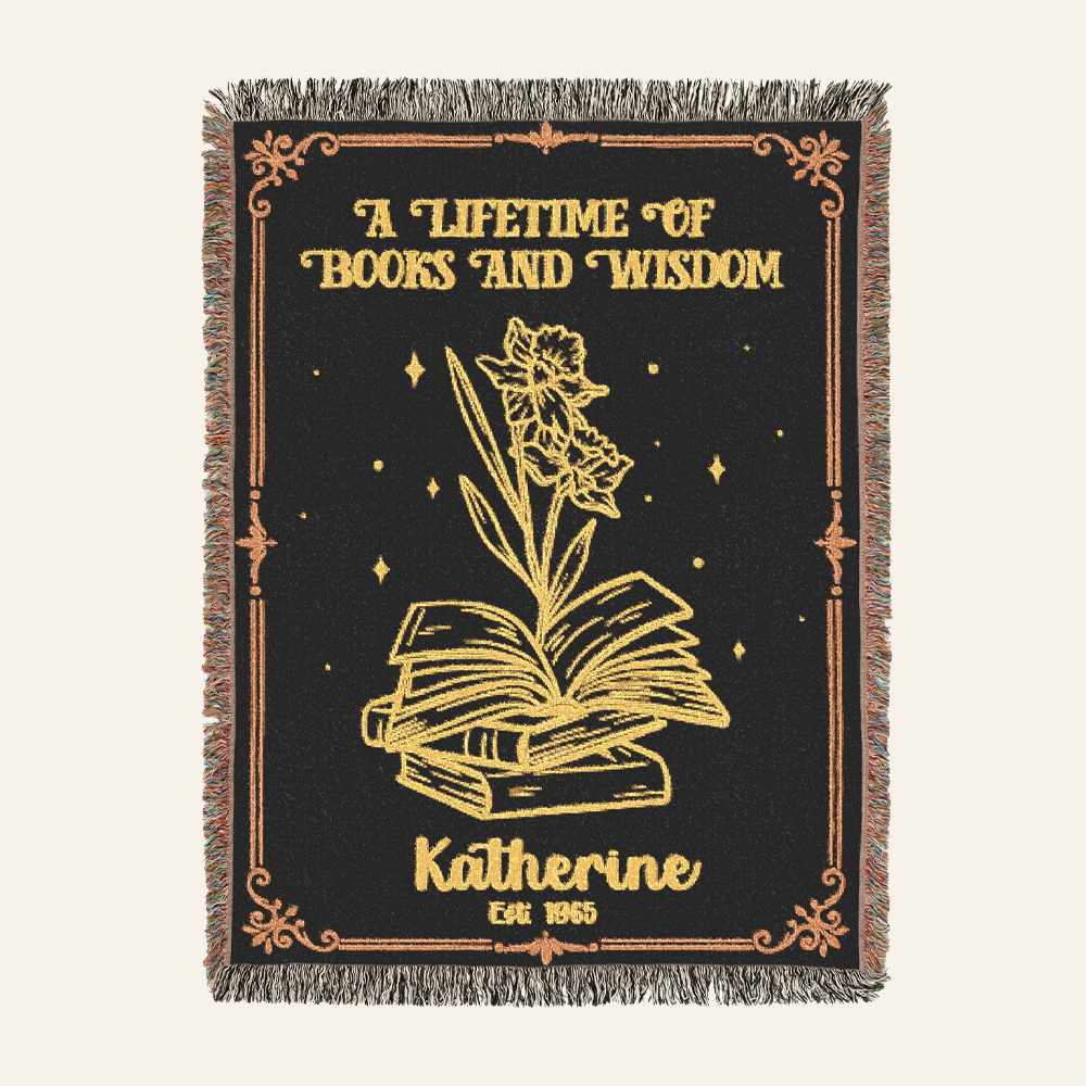 Personalized Lifetime of Books & Wisdom Birth Month Flower Woven Blanket
