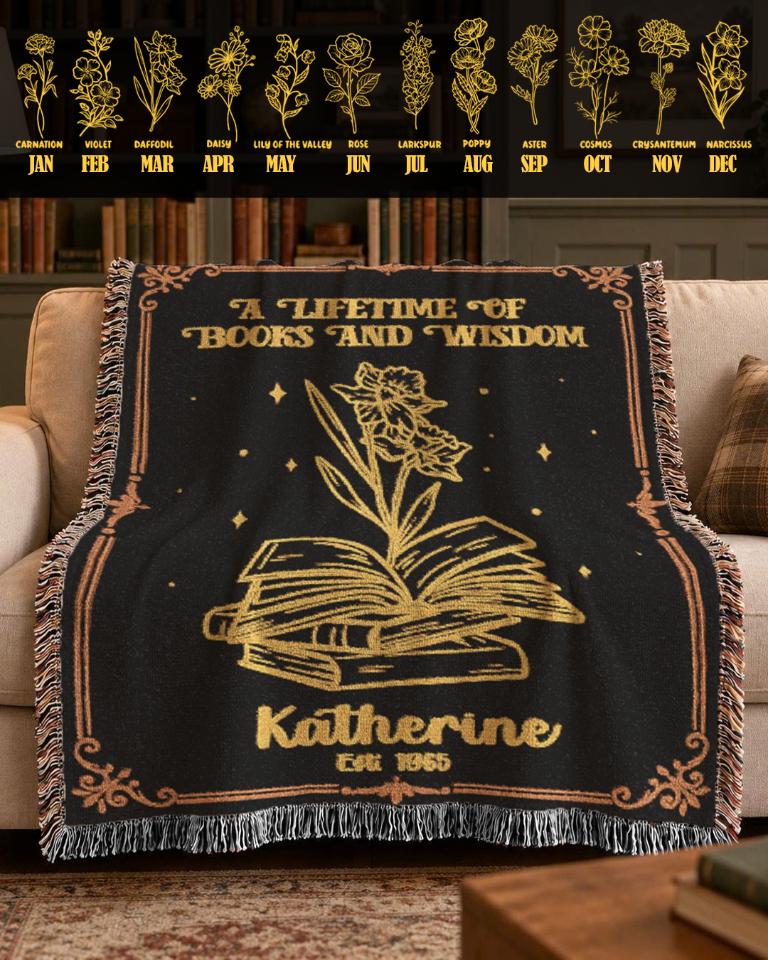 Personalized Lifetime of Books & Wisdom Birth Month Flower Woven Blanket