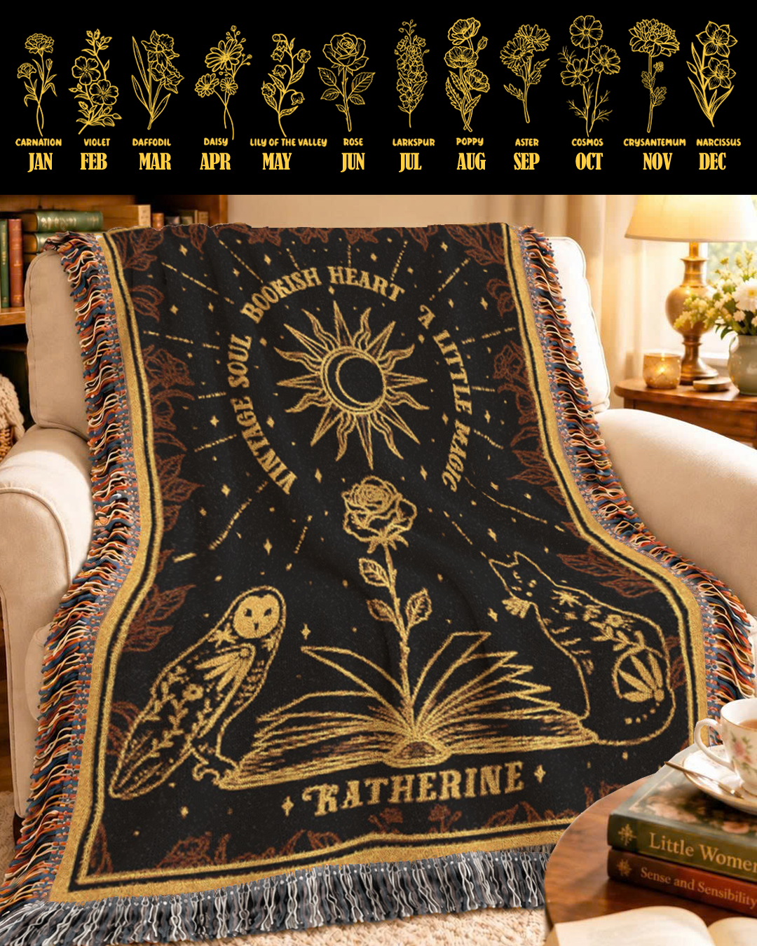Personalized Vintage Soul Bookish Heart Witchy Woven Blanket