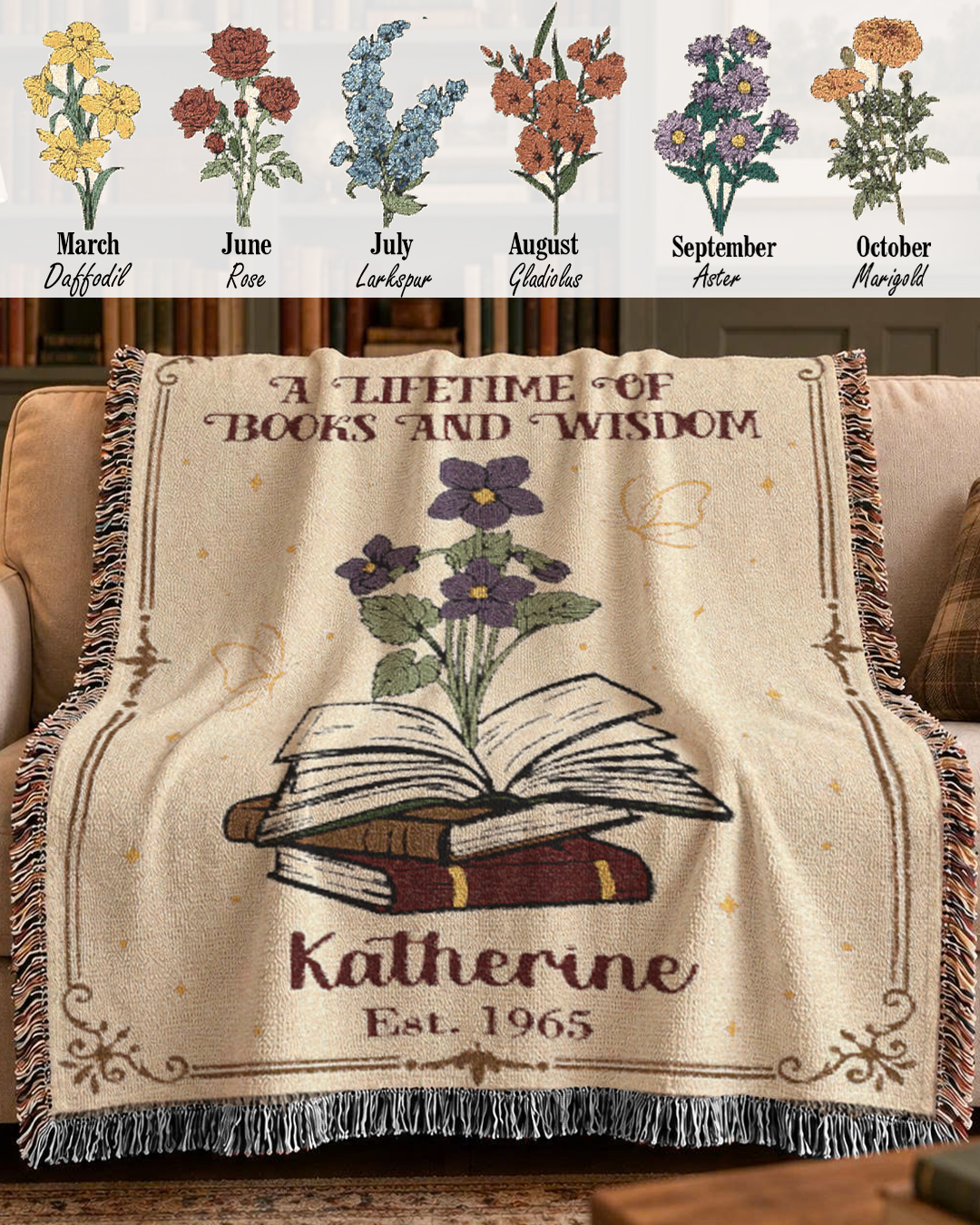Personalized Books & Wisdom Birth Month Flower Woven Blanket