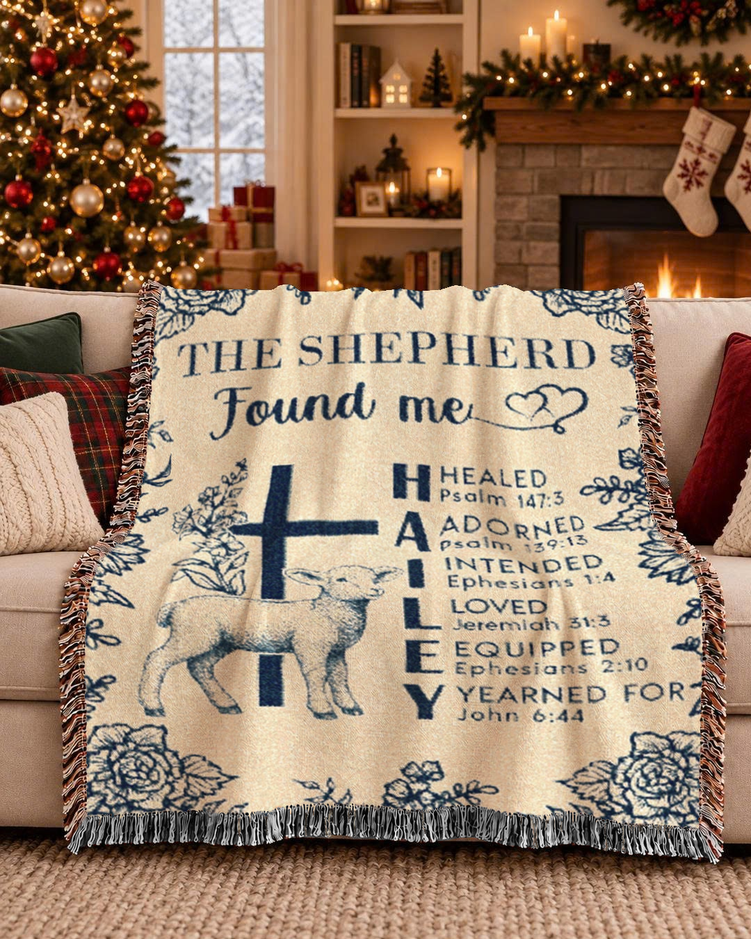Personalized Good Shepherd Sheep Birth Flower Scripture Woven Blanket
