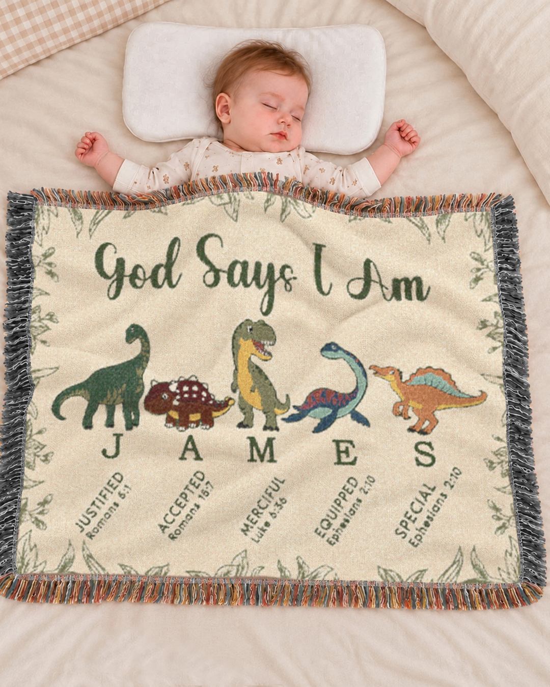 Personalized God Says I Am Dinosaur Alphabet Baby Boy Woven Blanket