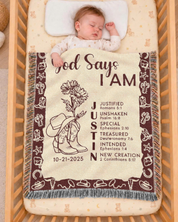God Says I Am: Little Cowboy, Birth Flower & Scripture Affirmations - Personalized Woven Blanket