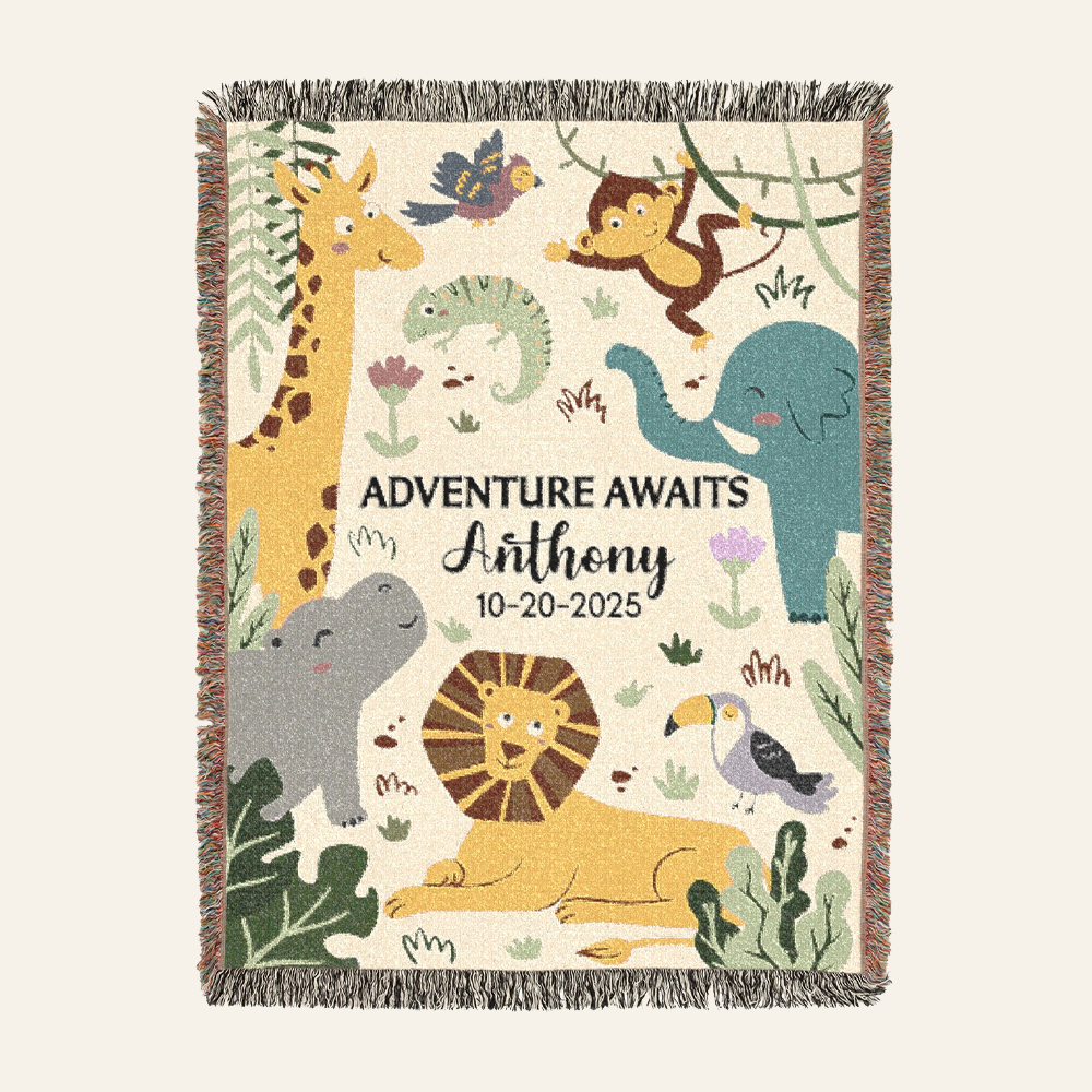 Adventure Awaits: Safari Animal Friends For Baby Boys - Personalized Woven Blanket