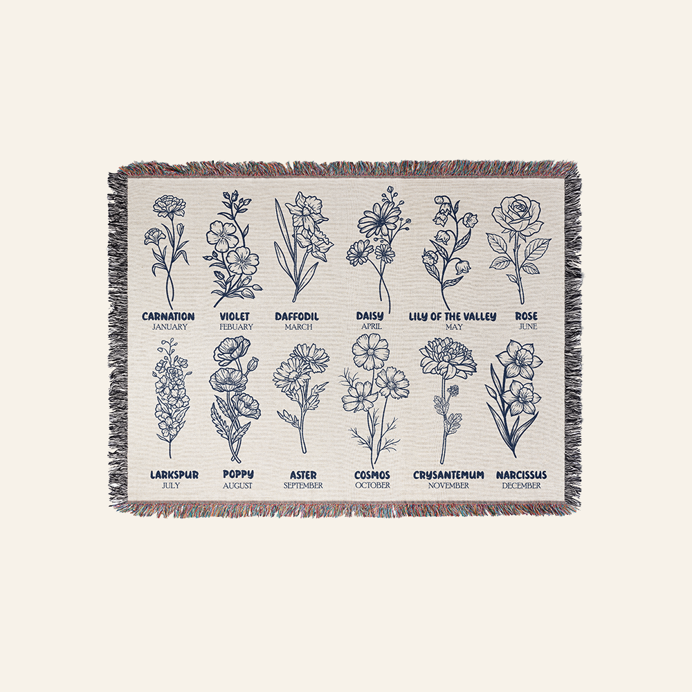 Personalized Flower Month Family Woven Blanket
