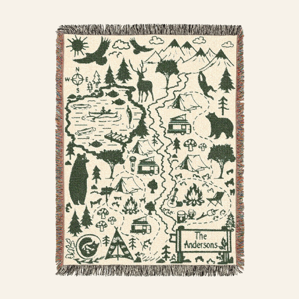 Personalized Camping Map Family Woven Blanket
