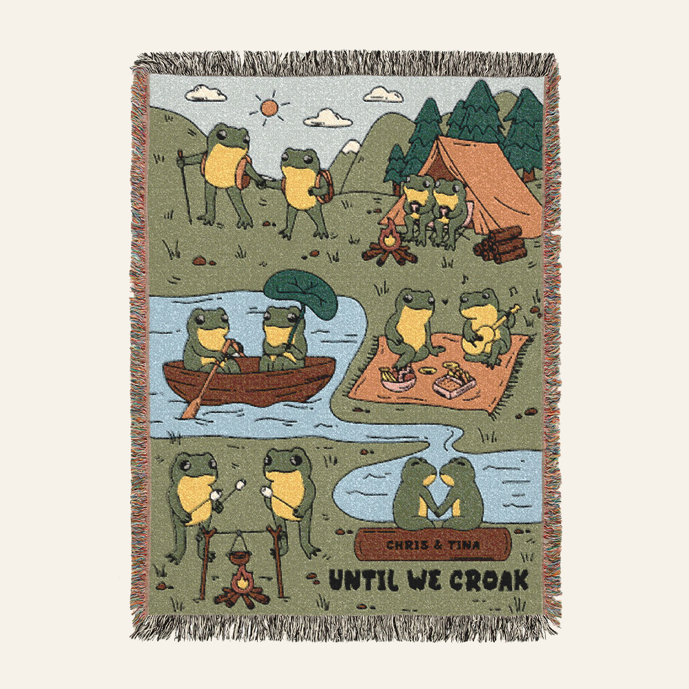 Personalized Couple Frog Camping Funny Croak Woven Blanket