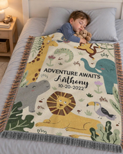 Adventure Awaits: Safari Animal Friends For Baby Boys - Personalized Woven Blanket