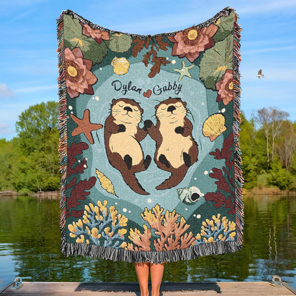 Personalized Otter Couple Woven Blanket
