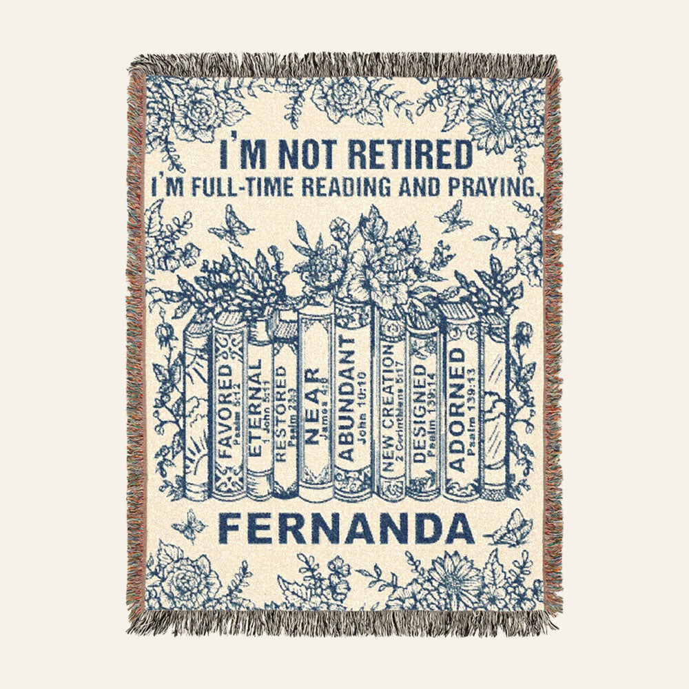 Personalized Reading and Praying Blue Toile Scripture Retired Woven Blanket