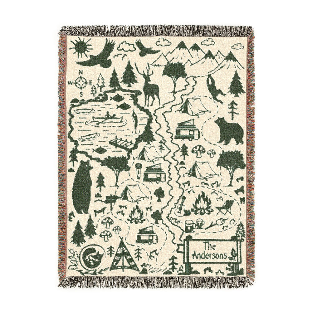 Personalized Camping Map Family Woven Blanket
